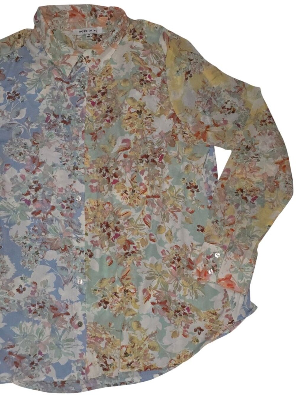 Rose + Olive Pastel Earthy Floral Lightweight Long-sleeved Blouse, XL - Picture 4 of 7